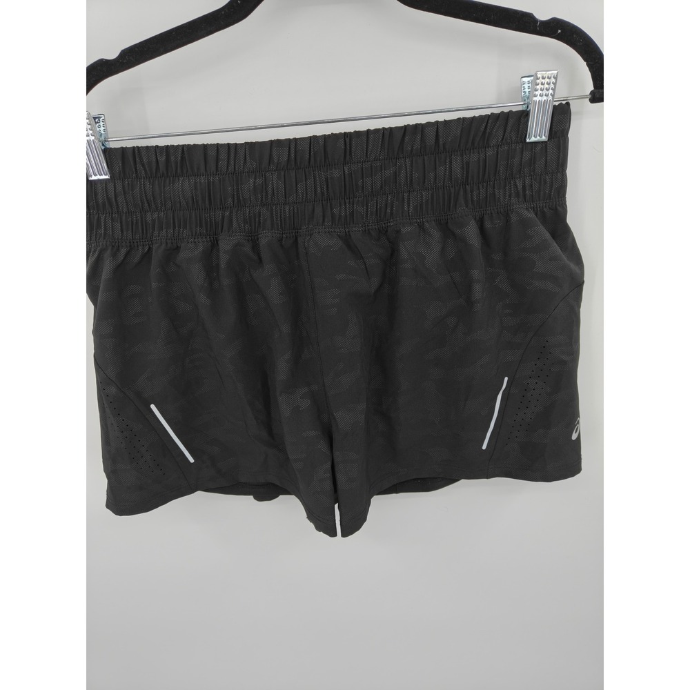 Asics Womens Black Tonal Camo Running Shorts Smocked Waist Reflective Size M